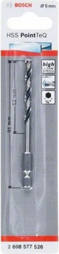 Сверло по металлу BOSCH 5,0 х 52/91 мм, HSS PointTeQ с шестигранным хвостовиком 2608577526
