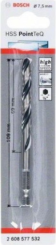 Сверло по металлу BOSCH 7,5 х 69/109 мм, HSS PointTeQ с шестигранным хвостовиком 2608577532