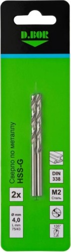 Сверло по металлу D.BOR HSS-G 4.0х43/75 мм шлифованное din 338 (арт. td-338-hss-040-02) (2 шт.) D-TD-338-HSS-040-02 - изображение 2