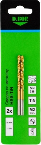 Сверло по металлу D.BOR HSS-TiN 4.0х43/75 мм нитрид титановое DIN 338 (2 шт.) D-TD-338-TIN-040-02 - изображение 2
