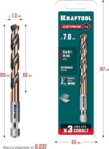 Сверло по металлу KRAFTOOL НЕХ-1/4", d 7.0х109 мм 29652-7 - изображение 3