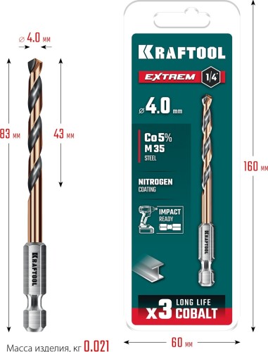 Сверло по металлу KRAFTOOL НЕХ-1/4", d 4.0х83 мм 29652-4 - изображение 2