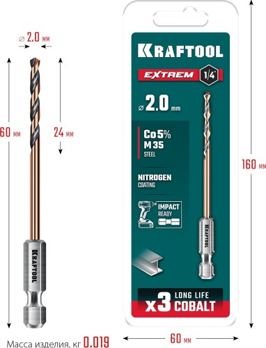 Сверло по металлу KRAFTOOL НЕХ-1/4", d 2,0х60 мм 29652-2 - изображение 2