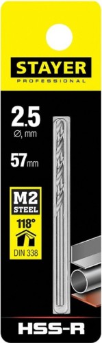 Сверло по металлу STAYER PROFI 2.5х57мм, hss-r, быстрорежущая сталь м2(s6-5-2) 29602-2.5 - изображение 2