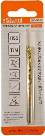 Сверло по металлу Sturm 1055-045-80 4,5х80 мм, нитридтитан., 118° - изображение 5