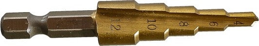 Сверло по металлу Sturm 1055-S412 ступенчатое 4-12мм, шаг 2мм, hss+tin прямое