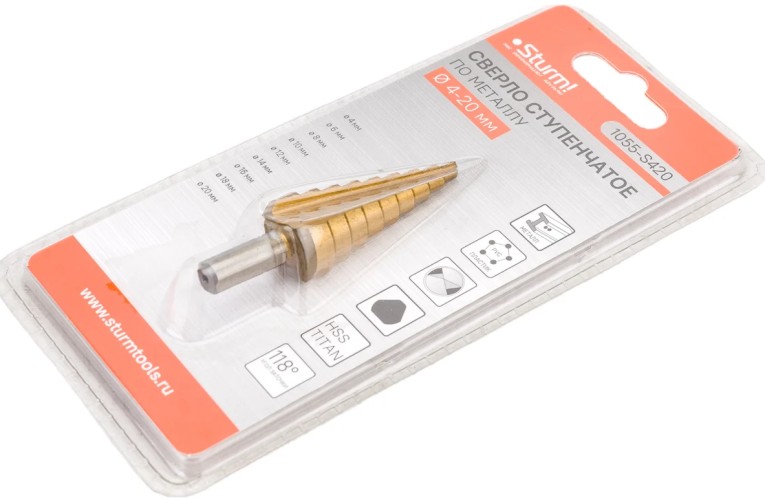 Сверло по металлу Sturm 1055-S420 ступенчатое 4-20мм, шаг 2мм, hss+tin прямое