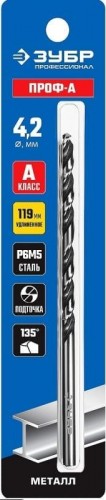 Сверло по металлу ЗУБР ПРОФЕССИОНАЛ 4,2х119мм, удлиненное сталь р6м5, класс а 29624-4.2 - изображение 2