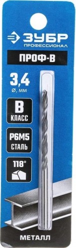 Сверло по металлу ЗУБР ПРОФЕССИОНАЛ 3.4х70мм, сталь р6м5, класс в 29621-3.4