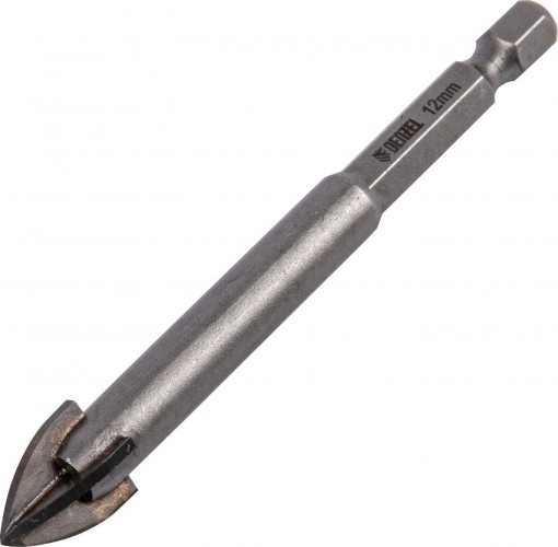 Сверло по стеклу и керамике Denzel 12 мм крестовая пластина, 6-гр. хвостовик 728113