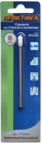 Сверло по стеклу и керамике ПРАКТИКА 6х80 мм Профи v-тип   775-099