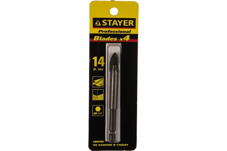 Сверло по стеклу и керамике STAYER 14 х 90мм PROFI 4х кромка, HEX 1/4 2985-14_z01 - изображение 5