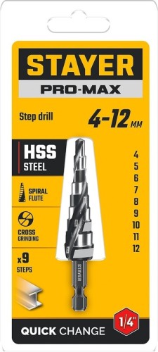 Сверло ступенчатое по металлу STAYER Pro-Max 4-12мм, 9 ступеней 29661-4-12-9 - изображение 2