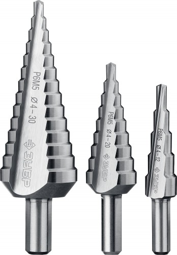 Сверло ступенчатое по металлу ЗУБР ПРОФЕССИОНАЛ 3 шт., 4-30мм, набор ступенчатых сталь р6м5 29670-4-30-H3_z01 - изображение 2