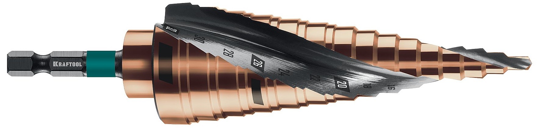 Сверло ступенчатое по металлу KRAFTOOL COBALT 4-32мм, 15 ступеней азотирование, винтовая спираль 29691-4-32-15