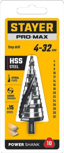 Сверло ступенчатое по металлу STAYER Pro-Max 4-32мм, 15 ступеней 29661-4-32-15 - изображение 2