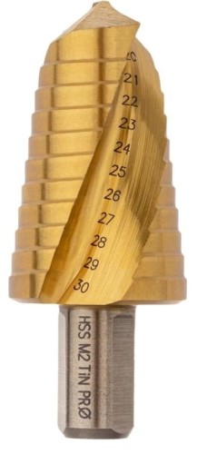 Сверло ступенчатое по металлу Профоснастка № 3319 HSS-G M2 TIN 20-30мм, 11 ступ. хв. 13 мм 30106019