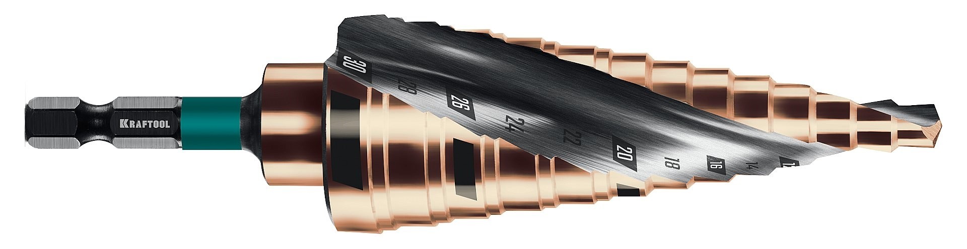 Сверло ступенчатое по металлу KRAFTOOL COBALT 6-30мм, 13 ступеней азотирование, винтовая спираль 29691-6-30-13