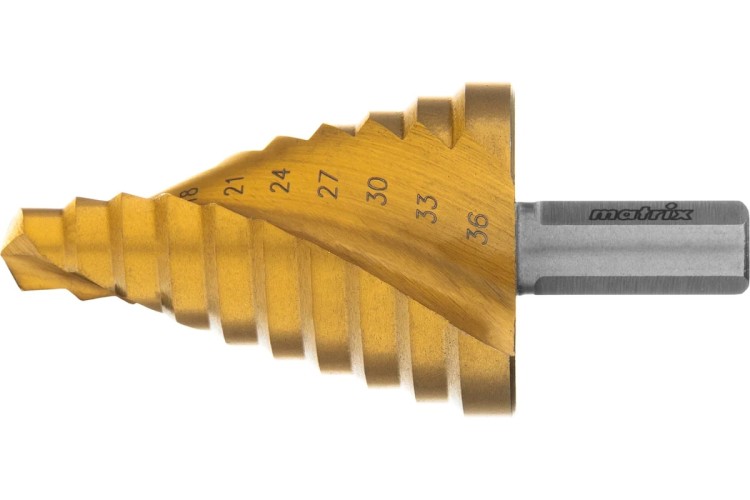 Сверло ступенчатое по металлу HSS, MATRIX 9-12-15-18-21-24-27-30-33-36 мм, трехгранный хвостовик 72358 - изображение 4