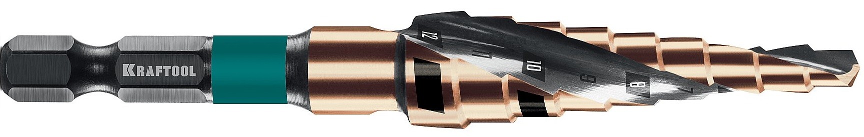 Сверло ступенчатое по металлу KRAFTOOL COBALT 4-12мм, 9 ступеней азотирование, винтовая спираль 29691-4-12-9