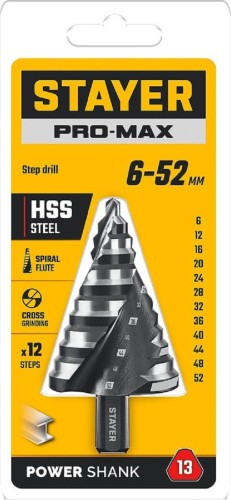Сверло ступенчатое по металлу STAYER Pro-Max 6-52мм, 12 ступеней 29661-6-52-12 - изображение 2