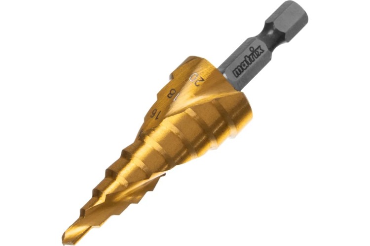 Сверло ступенчатое по металлу HSS, MATRIX 4-6-8-10-12-14-16-18-20 мм, шестигранный хвостовик 72356