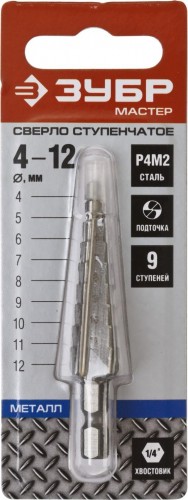Сверло ступенчатое по металлу ЗУБР МАСТЕР 4-12мм, 9 ступеней, ступенчатое, сталь р4м2 29665-4-12-9 - изображение 2