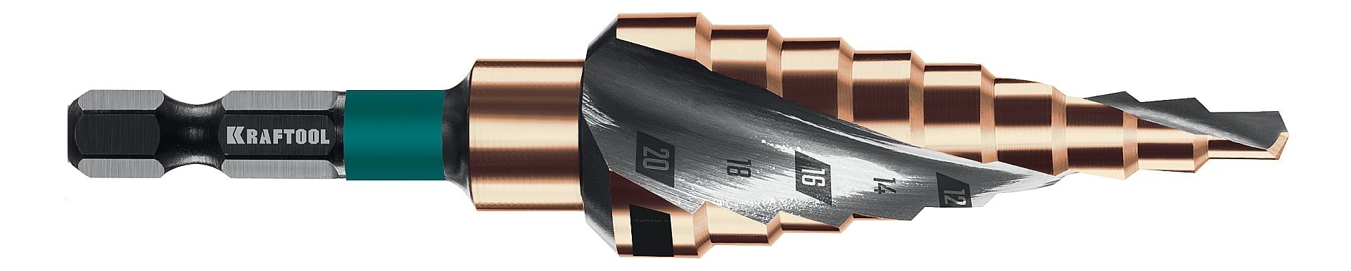 Сверло ступенчатое по металлу KRAFTOOL COBALT 4-20мм, 9 ступеней азотирование, винтовая спираль 29691-4-20-9