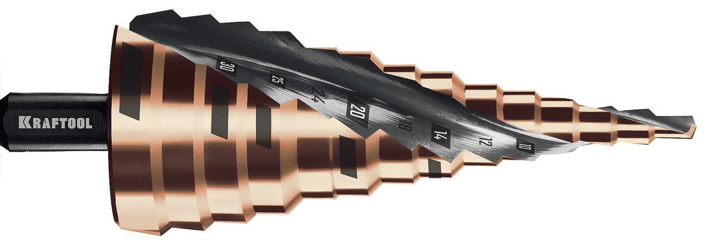 Сверло ступенчатое по металлу KRAFTOOL COBALT 4-39мм, 14 ступеней азотирование, винтовая спираль 29691-4-39-14