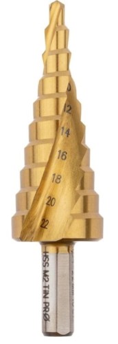 Сверло ступенчатое по металлу Профоснастка № 3315 HSS-G M2 TIN 4-22мм, 10 ступ. хв. 8 мм 30106015