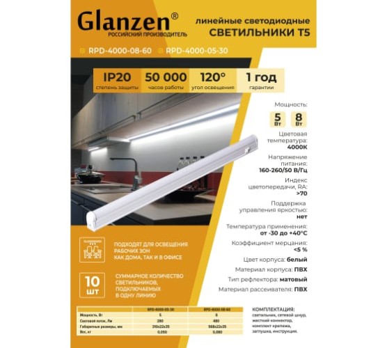 Светильник светодиодный линейный GLANZEN RPD-4000-05-30 T5 - изображение 2