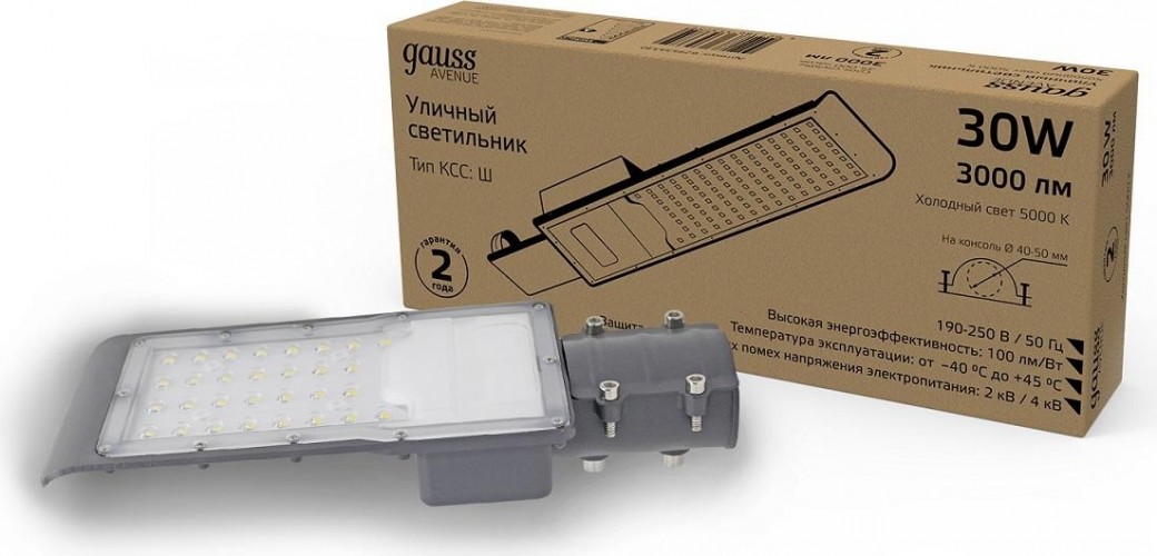 Светильник уличный GAUSS Avenue 30w 3000lm 5000k 190-250v ip65 316*130*57мм черный 629534330