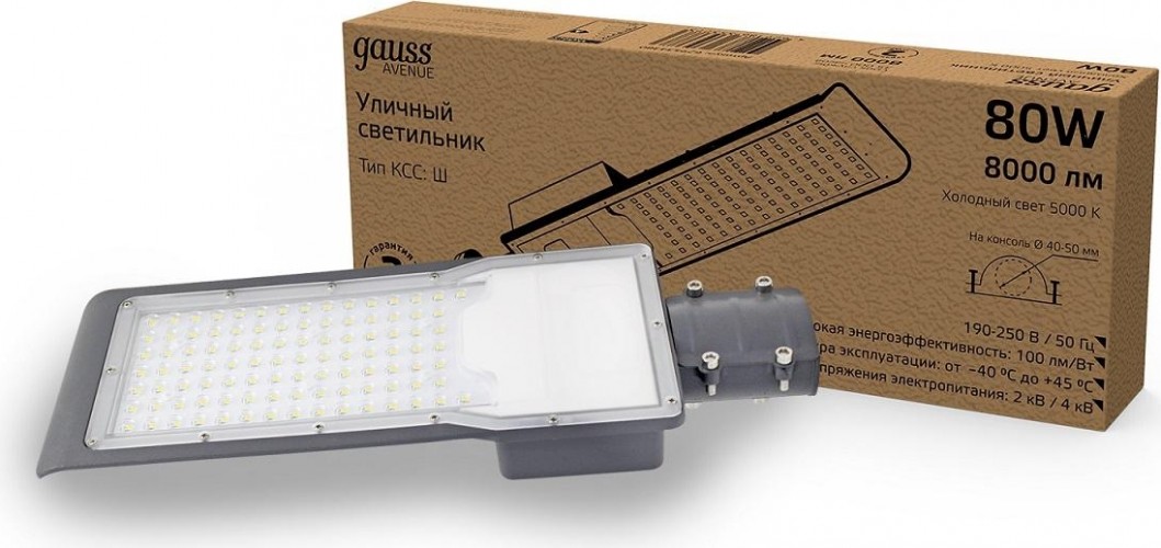 Светильник уличный GAUSS Avenue 80w 8000lm 5000k 190-250v ip65 420*160*57мм черный 629534380
