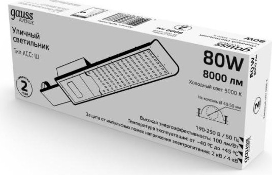 Светильник уличный GAUSS Avenue 80w 8000lm 5000k 190-250v ip65 420*160*57мм черный 629534380 - изображение 4