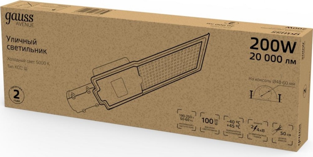 Светильник уличный GAUSS LED Avenue 200W 20000lm 5000K 190-250V КСС "Ш" ip65 629534302 - изображение 4
