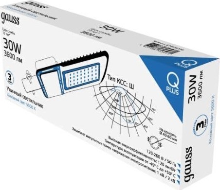 Светильник уличный GAUSS Qplus 30w 3600lm 5000k 120-260v ip65 370*145*45мм черный 629535330 - изображение 4
