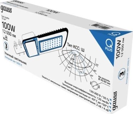 Светильник уличный GAUSS Qplus 100w 12000lm 5000k 120-260v ip65 455*180*49мм черн 629535300 - изображение 4