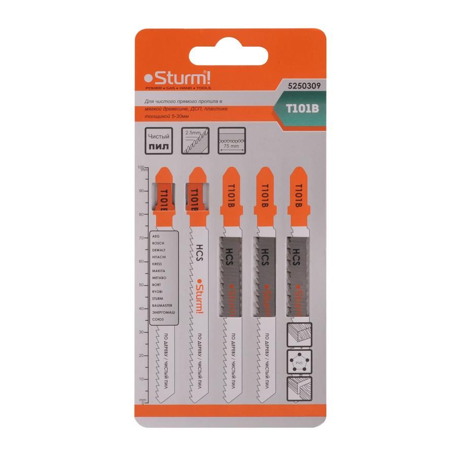 Пилки для лобзика по дереву T101B, 5 шт, 100х75мм, шаг зуба 2,5мм, чистый прямой рез, HCS, Sturm!
