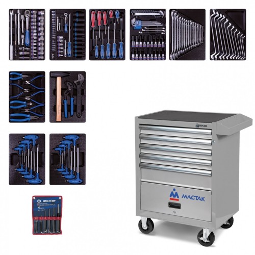 Тележка инструментальная KING TONY 932-000AMG01 с набором инструментов 173 пр, серая