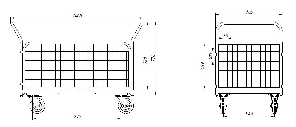 Тележка платформенная Rusklad ТС-5 700 х 1200 мм, съемные сетчатые борта (К-200 мм) - изображение 2