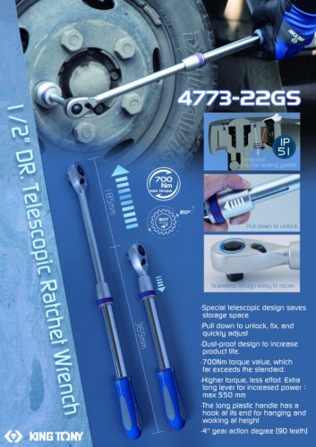 Трещотка KING TONY 4773-22GS 1/2", 550 мм, 90 зубцов, флажковая, фиксатор, теле - изображение 5