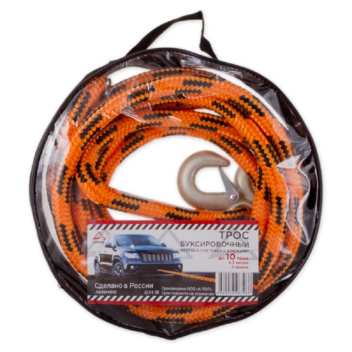 Трос буксировочный ARNEZI A0904010 (шнур плетеный) 4,5 м, 10 т. 2 крюка, сумка - изображение 2