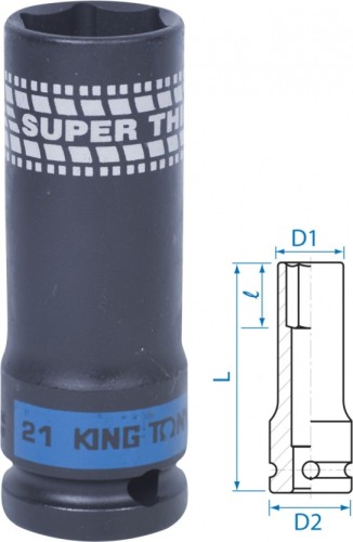 Ударная головка шестигранная с посадкой 1/2" KING TONY 441521М 21 мм глубокая, сверхтонкая 441521M
