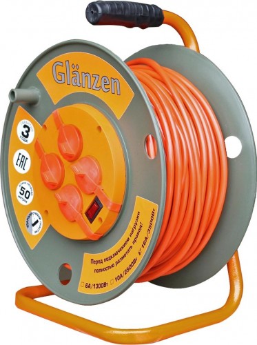 Удлинитель на катушке GLANZEN EB-50-007 ПВС 3х1,5  50м