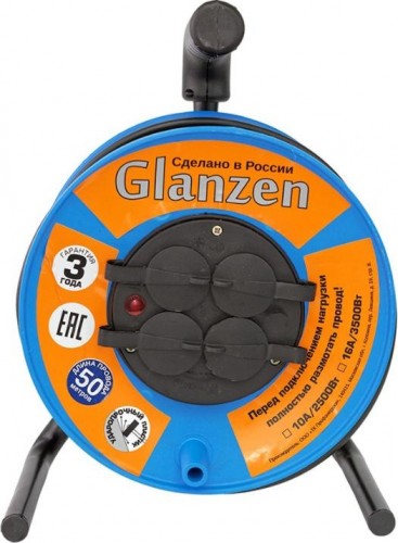Удлинитель на катушке GLANZEN EB-50-020 силовой 4 гн. пвс 3х1,5 ip44, 50 м