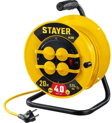 Удлинитель на катушке на 220В STAYER 55064-20 ПВС 3х2.5 20м, силовой 4000вт IP44, M 325