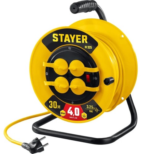 Удлинитель на катушке на 220В STAYER 55064-30 ПВС 3х2.5 30м, силовой 4000вт IP44, M 325