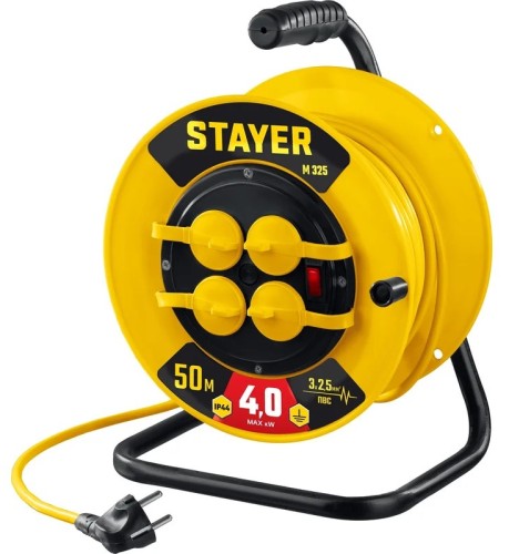 Удлинитель на катушке на 220В STAYER 55064-50 ПВС 3х2.5 50м, силовой 4000вт IP44, M 325