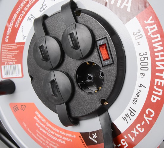 Удлинитель на катушке Ресанта СУ-3х1,5-30/3 силовой, металлич. катушка (с выкл., 4 розетки) 61/118/7 - изображение 4