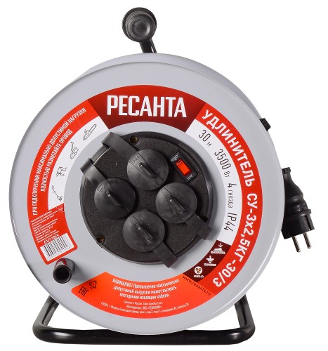 Удлинитель на катушке Ресанта СУ-3х2,5КГ-30/3 силовой, металлич. катушка (с выкл., 4 розетки) 61/118/9 - изображение 2